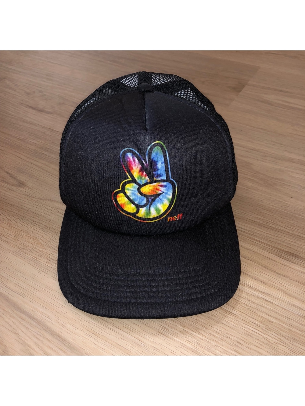 NEFF PEACE SIGN RAINBOW HIPPIE BLACK MESH TRUCKER HAT SNAPBACK ADJUSTABLE